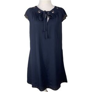 Staccato Navy Blue Antique Brass Studs Laced Neckline Casual Career Tunic Small